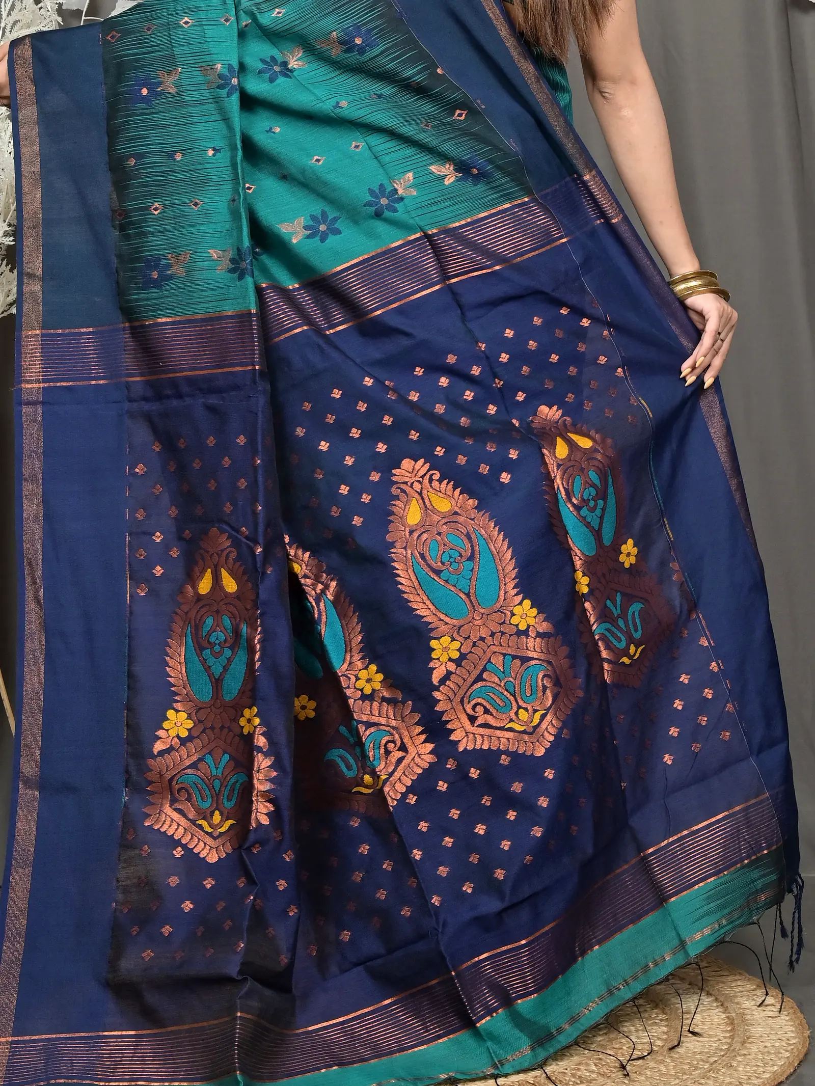 Green Naby Blue Cotton Blend Parlkim Ikkat Jharna Saree (2290)